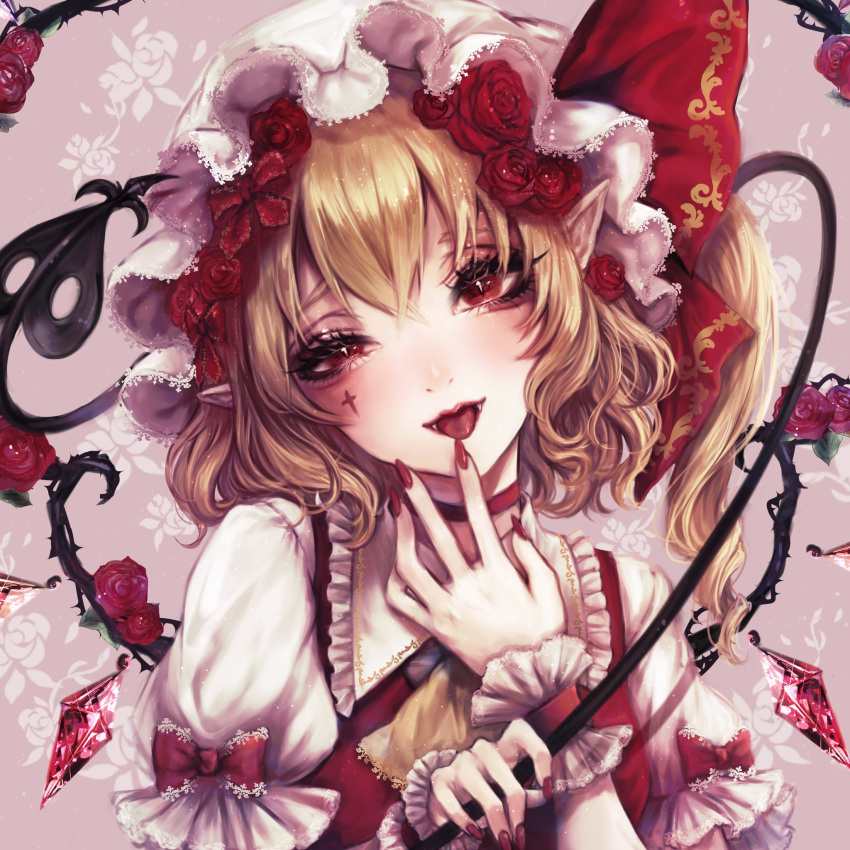 1girl ascot bangs blonde_hair blush bow cross crystal eyebrows_behind_hair eyelashes facial_mark fangs finger_to_mouth flandre_scarlet floral_background flower frilled_shirt_collar frills hair_flower hair_ornament hand_up hat head_tilt highres holding holding_polearm holding_weapon kyogoku-uru laevatein_(touhou) looking_at_viewer mob_cap nail_polish nostrils pointy_ears polearm puffy_short_sleeves puffy_sleeves purple_background red_bow red_eyes red_flower red_nails red_ribbon red_rose red_vest ribbon rose short_sleeves simple_background solo tongue tongue_out touhou uneven_eyes upper_body vest weapon wings wrist_cuffs yellow_ascot