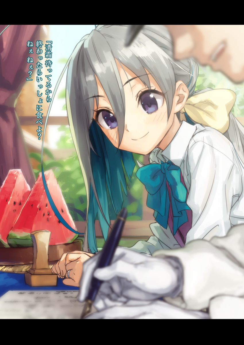 1boy 1girl absurdres admiral_(kancolle) blue_bow blue_bowtie blue_hair blurry blush bow bowtie closed_mouth collared_shirt curtains depth_of_field doujinshi dress food fruit gloves gradient_hair hair_between_eyes hat highres indoors jewelry kantai_collection kawakami_rokkaku kiyoshimo_(kancolle) letterboxed long_hair long_sleeves multicolored_hair nib_pen_(object) pen ring shirt silver_hair sleeveless sleeveless_dress smile solo_focus stamp table translated tray violet_eyes watermelon watermelon_seeds wedding_band white_gloves white_shirt window wing_collar writing