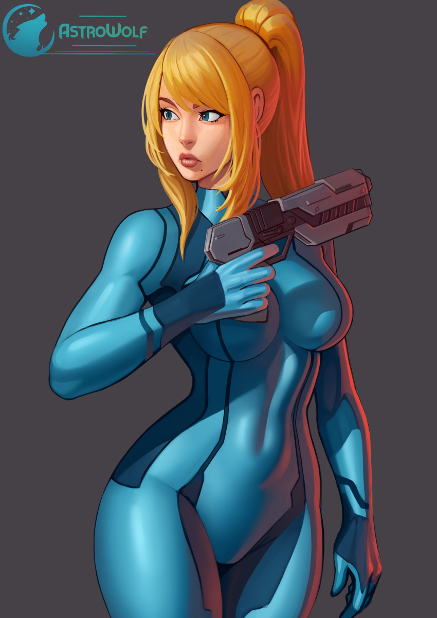 1girl absurdres artist_logo artist_name astrowolf bangs blonde_hair blue_bodysuit blue_eyes bodysuit breasts commentary cowboy_shot dark_background english_commentary grey_background gun high_ponytail highres holding holding_gun holding_weapon long_hair looking_to_the_side medium_breasts metroid mole mole_under_mouth paralyzer parted_lips ponytail samus_aran sidelocks simple_background solo standing weapon zero_suit