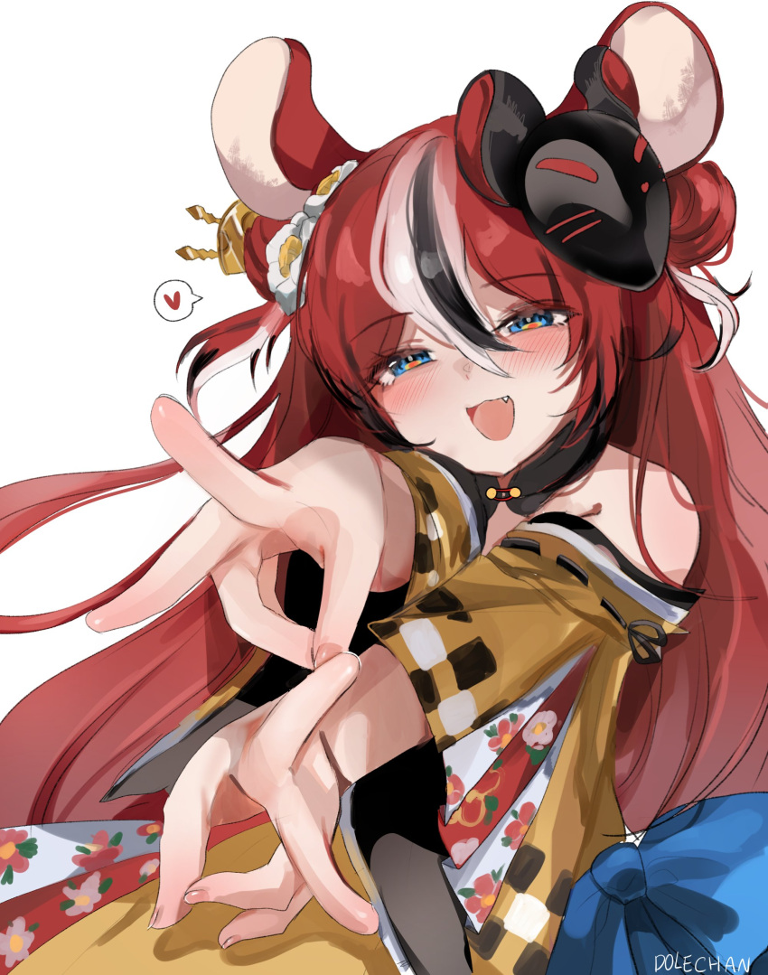 1girl absurdres animal_ears artist_name black_hair blue_eyes blush dolechan eyebrows_visible_through_hair fang hair_between_eyes hakos_baelz heart highres hololive hololive_english mask mask_on_head mouse_ears mouse_mask multicolored_hair obi open_mouth redhead sash spoken_heart virtual_youtuber white_hair