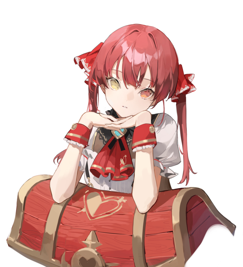 1girl ascot chyoel head_tilt heterochromia highres hololive houshou_marine interlocked_fingers long_hair looking_at_viewer own_hands_together parted_lips puffy_short_sleeves puffy_sleeves red_ascot red_eyes redhead shirt short_sleeves simple_background solo treasure_chest twintails white_background white_shirt yellow_eyes