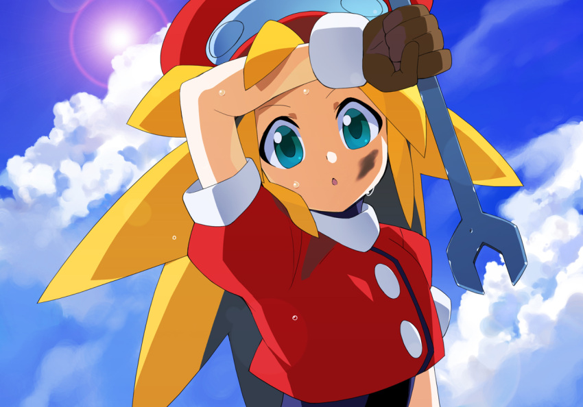 1girl bangs blonde_hair blush breasts brown_gloves cabbie_hat cropped_jacket dirty dirty_face gloves grease green_eyes hat jacket kaidou_zx long_hair looking_at_viewer mega_man_(series) mega_man_legends open_mouth red_headwear red_jacket roll_caskett_(mega_man) short_sleeves sky solo sweat triangle_mouth wrench