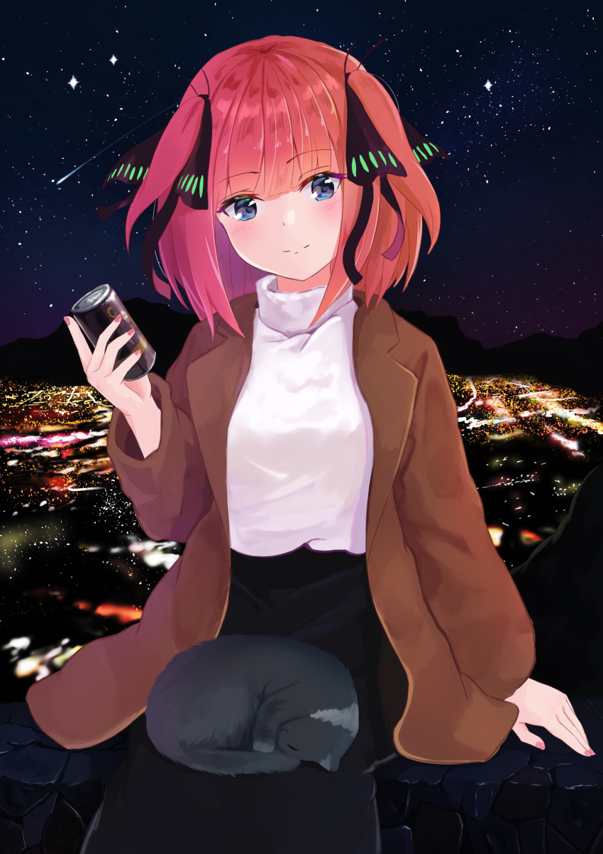 1girl absurdres animal_on_lap arm_support bangs black_skirt blue_eyes blush breasts butterfly_hair_ornament can canned_coffee cat cat_on_lap city_lights cityscape closed_mouth cowboy_shot eyebrows_visible_through_hair fingernails glint go-toubun_no_hanayome hair_ornament highres holding holding_can jacket large_breasts long_skirt nail_polish nakano_nino night outdoors red_nails sidelocks sitting skirt sky sleeping_animal solo star_(sky) starry_sky sweater tk_1120_kn turtleneck turtleneck_sweater two_side_up white_sweater