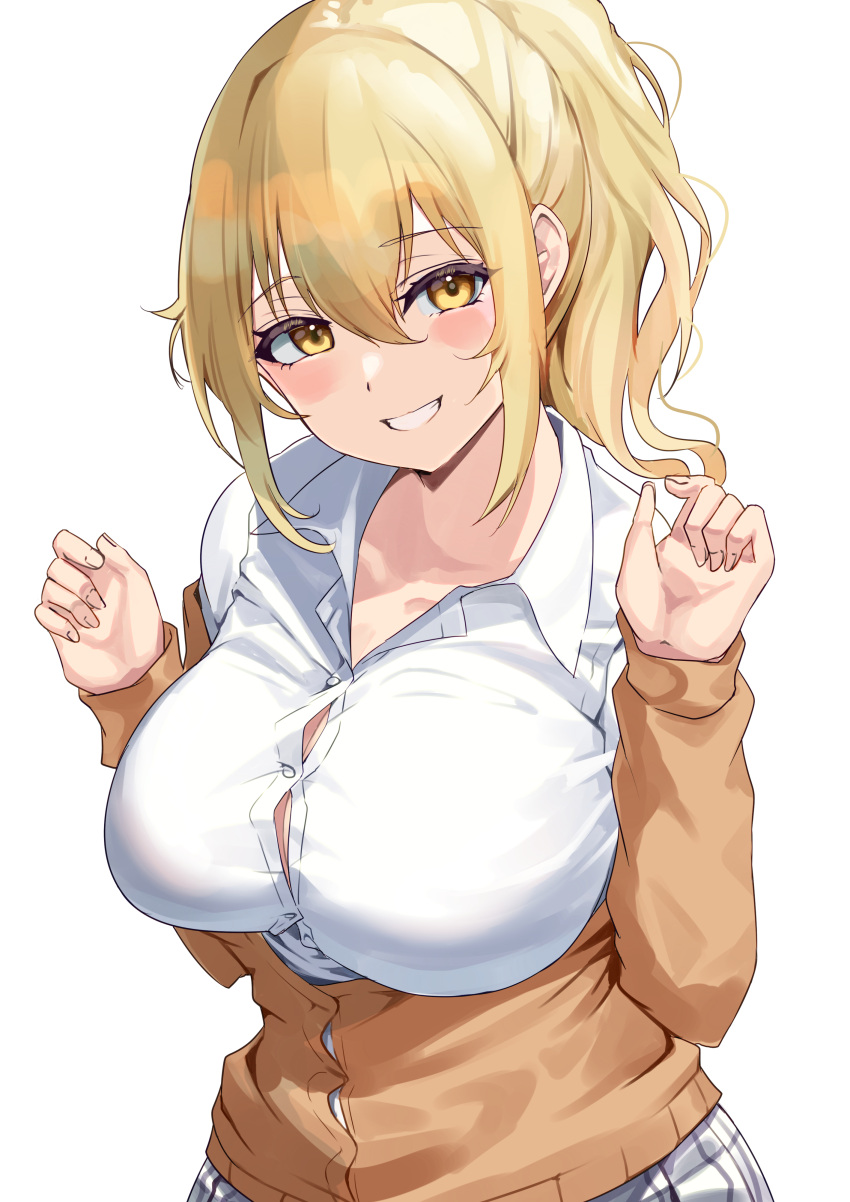 1girl absurdres bangs blonde_hair blush breasts collared_shirt commentary_request eyebrows_visible_through_hair hands_up highres large_breasts long_sleeves looking_at_viewer love_live! love_live!_nijigasaki_high_school_idol_club miyashita_ai namazu_(yamasonson) parted_lips ponytail shirt simple_background smile solo teeth white_background white_shirt yellow_eyes