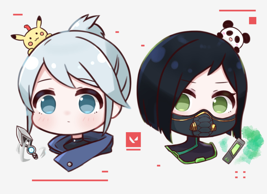 2girls :3 animal_on_head black_hair blue_eyes blush blush_stickers bob_cut chibi closed_mouth commentary_request cropped_shoulders crossover green_eyes ixia_(ixia424) jett_(valorant) kunai looking_at_viewer looking_to_the_side mask mouth_mask multiple_girls on_head open_mouth panda pikachu pokemon pokemon_(creature) pokemon_on_head short_hair side-by-side sidelocks silver_hair smile valorant viper_(valorant) weapon white_background