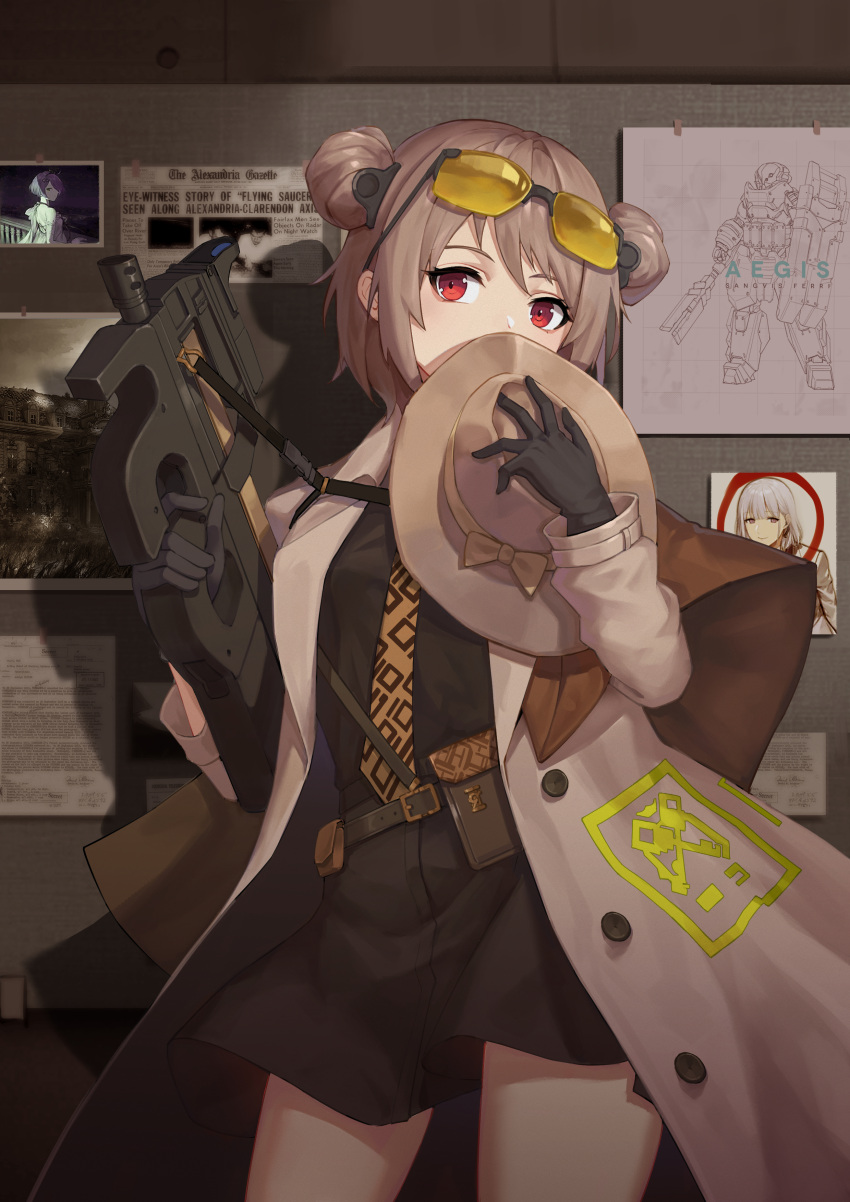 1girl absurdres black_gloves black_shirt black_skirt breasts brown_coat brown_headwear bullpup coat commission cowboy_shot double_bun eyewear_on_head fedora girls_frontline gloves gun hat highres holding holding_clothes holding_hat long_sleeves mausratten medium_breasts miniskirt newspaper p90 p90_(girls'_frontline) photo_(object) red_eyes shirt skirt solo standing submachine_gun sunglasses tinted_eyewear trench_coat weapon yellow-tinted_eyewear