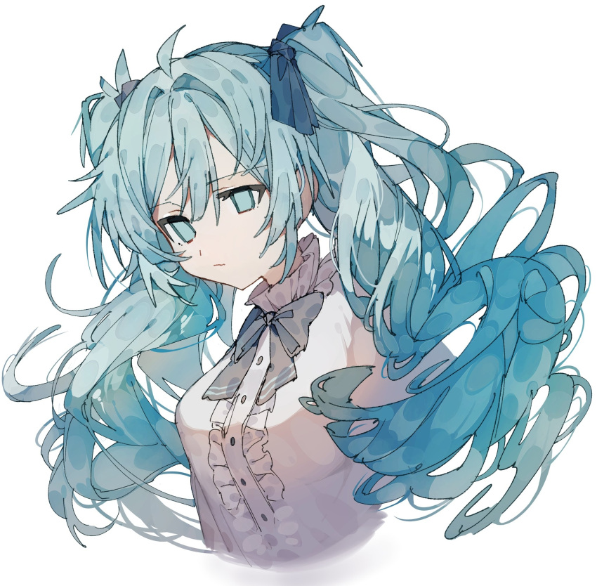 1girl blue_bow blue_bowtie blue_eyes blue_ribbon bow bowtie center_frills closed_mouth commentary deep_(deep4946) expressionless frills hair_ribbon hatsune_miku highres long_hair no_pupils ribbon shirt simple_background solo twintails upper_body vocaloid white_background white_shirt