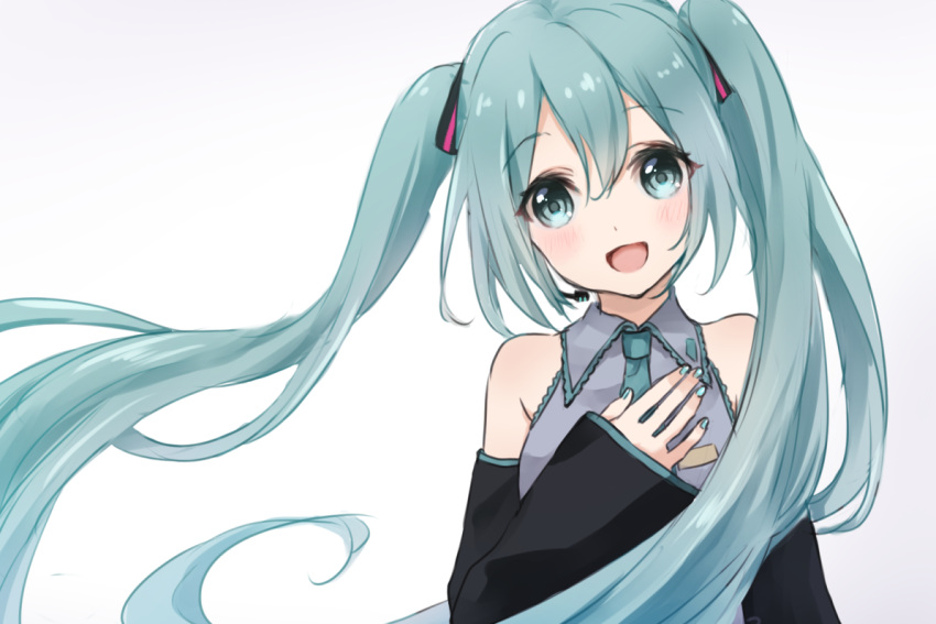 1girl :d aqua_eyes aqua_hair aqua_nails aqua_necktie bangs bare_shoulders black_sleeves collared_shirt commentary_request detached_sleeves eyebrows_visible_through_hair grey_shirt hair_between_eyes hair_ornament hand_on_own_chest hatsune_miku long_hair long_sleeves looking_at_viewer necktie nuno_(pppompon) open_mouth shirt simple_background smile solo twintails upper_body very_long_hair vocaloid white_background