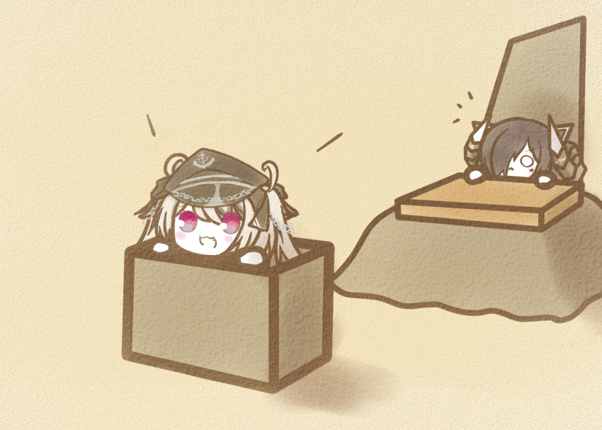 2girls :d august_von_parseval_(azur_lane) azur_lane black_hair black_headwear black_ribbon box chibi curled_horns elbe_(azur_lane) hair_over_one_eye hair_ribbon hat horns in_box in_container kotatsu koti mechanical_horns multiple_girls peaked_cap ribbon smile table violet_eyes white_hair