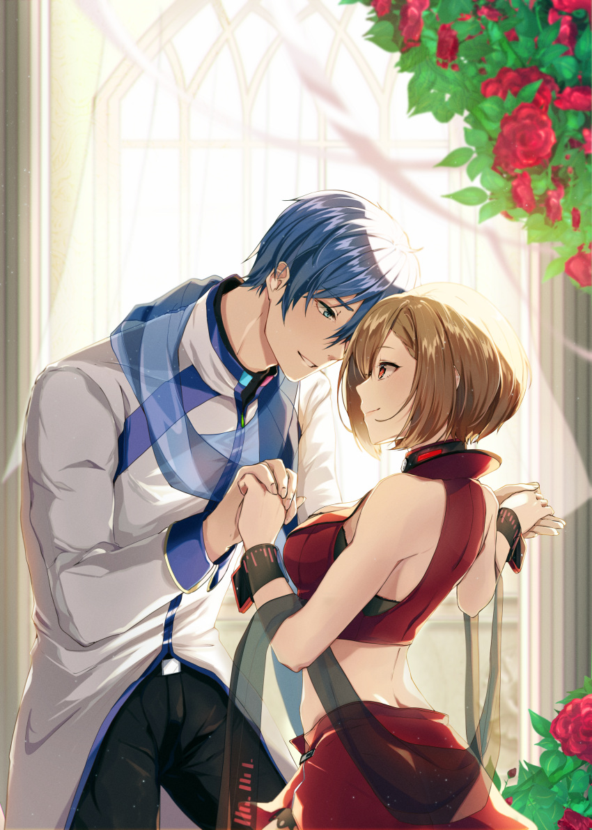1boy 1girl absurdres black_pants blue_eyes blue_hair breasts brown_hair closed_mouth coat couple crop_top eye_contact flower grin hetero highres holding_hands kaito_(vocaloid) leaning_forward looking_at_another medium_breasts meiko miniskirt pants red_eyes red_flower red_rose red_skirt rose sash shiny shiny_hair short_hair skirt smile transparent vocaloid white_coat yen-mi