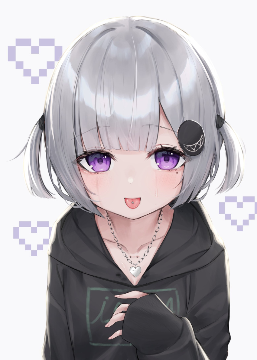 1girl :p bangs black_hoodie blunt_bangs blush collarbone commentary_request eyebrows_visible_through_hair grey_background grey_hair hair_ornament hand_up heart heart_necklace highres hood hood_down hoodie long_sleeves mole mole_under_eye original piercing pixel_art puffy_long_sleeves puffy_sleeves simple_background sleeves_past_wrists solo sweat tongue tongue_out tongue_piercing translated tsukiman upper_body violet_eyes