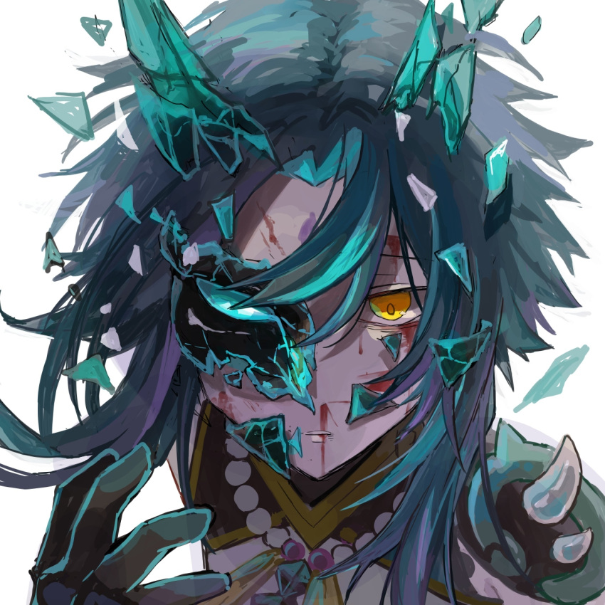 1boy bangs blood blood_on_face broken_horn broken_mask bruise bruise_on_face commentary_request genshin_impact green_hair hair_between_eyes highres horns injury looking_at_viewer mask medium_hair parted_lips portrait scar scar_on_face simple_background solo tourou_7 white_background xiao_(genshin_impact) yellow_eyes