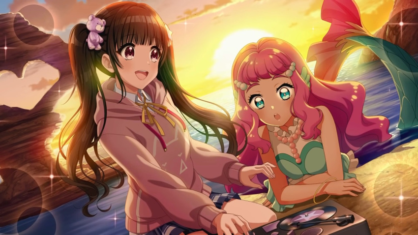 2girls artist_request bare_arms blue_eyes blush bracelet brown_hair closed_mouth crop_top crossover d4dj dress frills full_body hair_ornament highres jewelry kaibara_michiru laura_la_mer long_hair looking_at_viewer mermaid monster_girl multiple_girls official_art pink_hair pink_ribbon precure red_eyes ribbon simple_background smile solo starfish thick_eyebrows tropical-rouge!_precure twintails wavy_hair