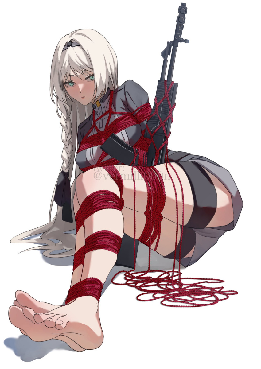 1girl an-94 an-94_(girls'_frontline) aqua_eyes assault_rifle bangs barefoot bdsm black_bow black_hairband blush bondage bound bow braid braided_ponytail feet foot_focus full_body girls_frontline gun hair_ornament hairband highres long_hair long_sleeves looking_at_viewer lying open_mouth red_rope rifle rope shibari shibari_over_clothes simple_background solo thigh_strap thighs toes twitter_username vermilli000n watermark weapon white_background white_hair