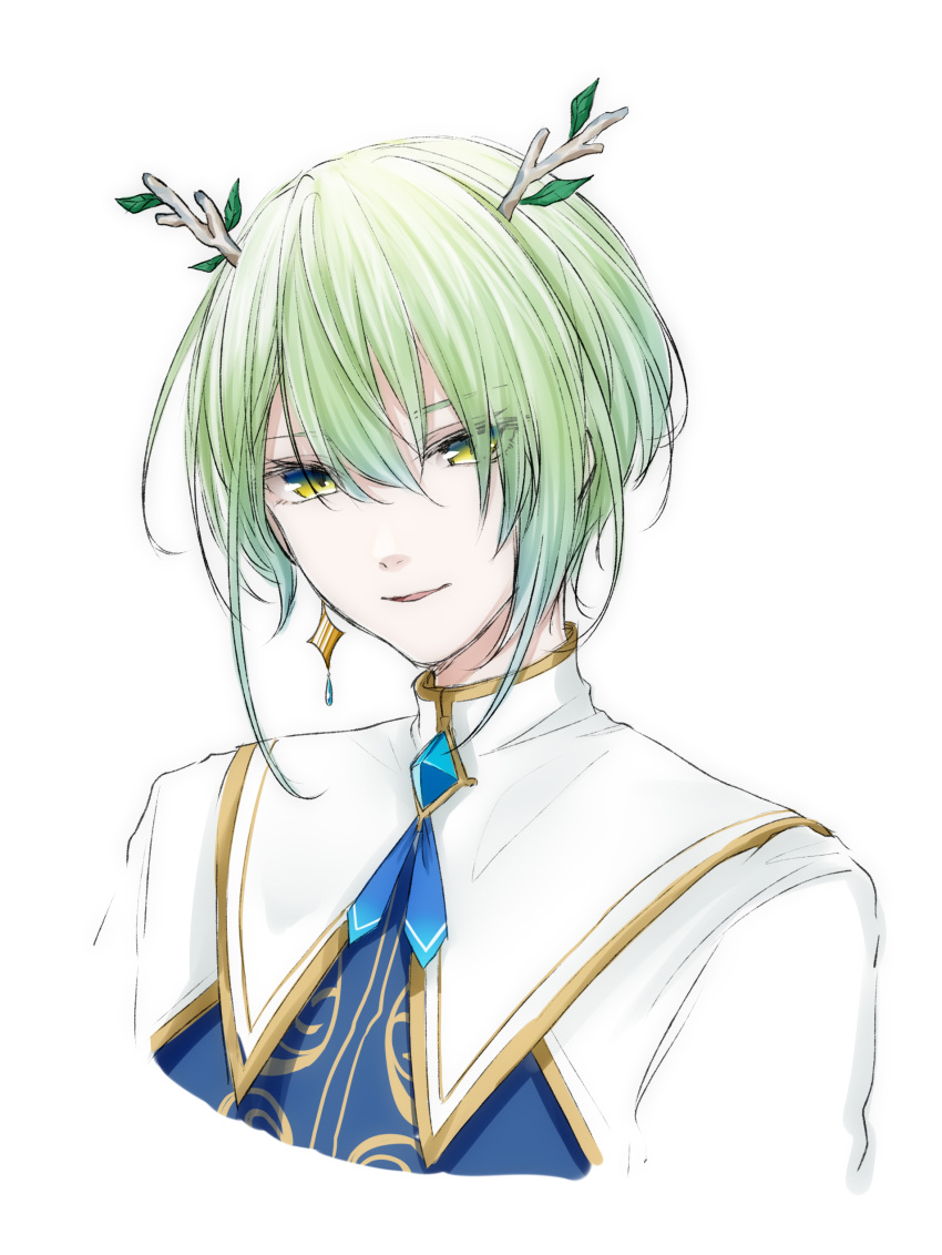 1boy absurdres bangs branch ceres_faun ceres_fauna commentary earrings english_commentary eyebrows_visible_through_hair genderswap genderswap_(ftm) green_hair highres hololive hololive_english jewelry looking_at_viewer maziky short_hair solo virtual_youtuber white_background yellow_eyes