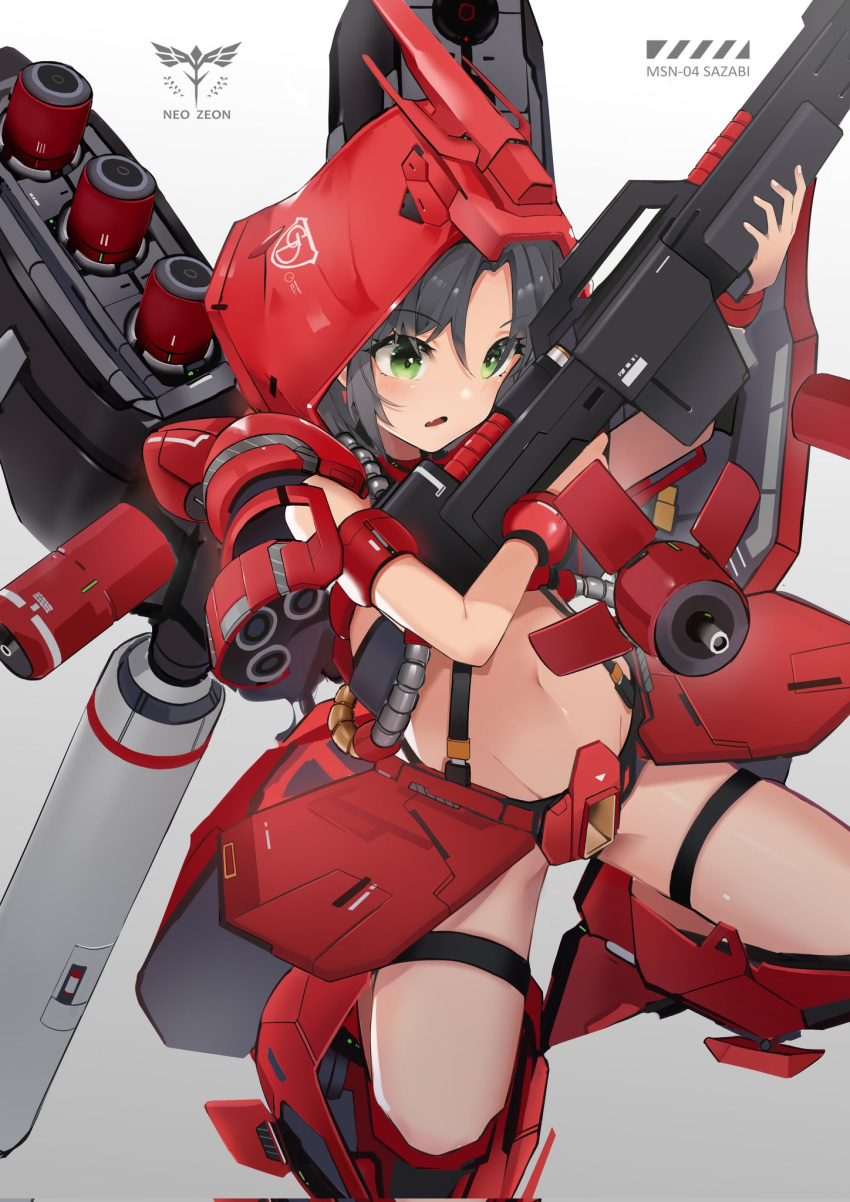 1girl bangs black_hair boots char's_counterattack character_name dark-skinned_female dark_skin dleung eyebrows_visible_through_hair gun gundam highres holding holding_gun holding_weapon hood hood_up knee_boots metal_boots midriff navel neo_zeon parted_bangs personification red_footwear sazabi skindentation solo thigh_strap thrusters weapon