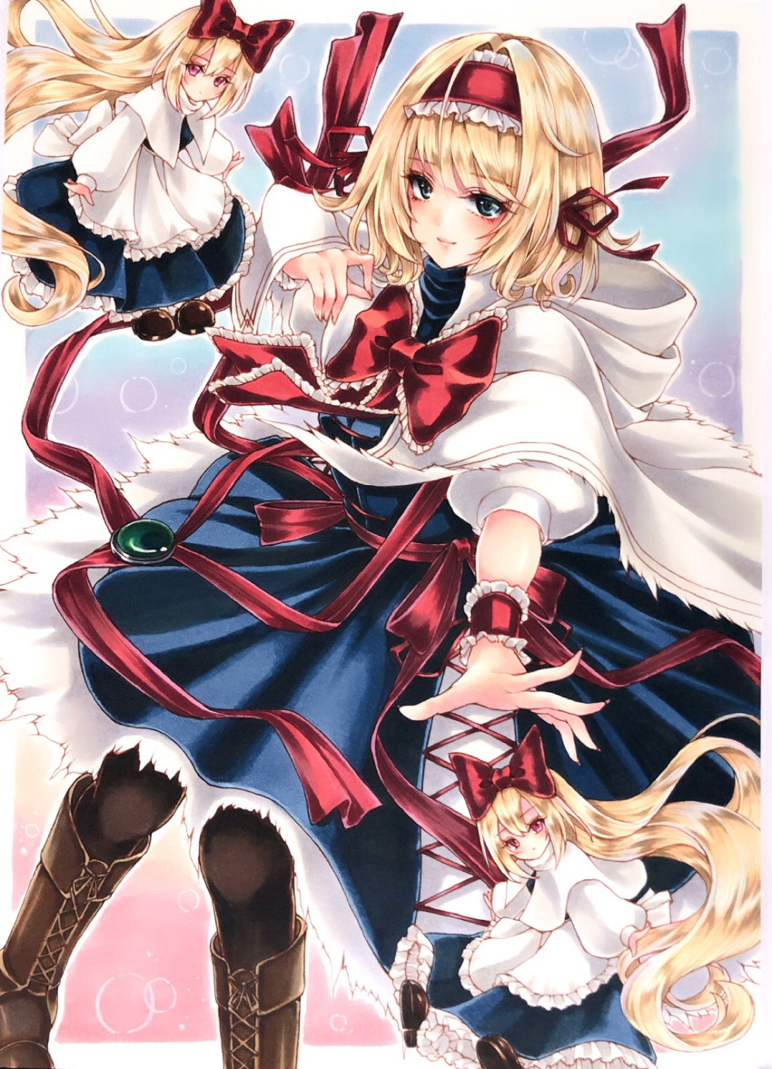 1girl alice_margatroid bangs blonde_hair blue_background blue_dress blue_eyes blush book boots bow brown_footwear capelet cross-laced_footwear dress eyebrows_visible_through_hair eyelashes fingernails frilled_bow frilled_hairband frills grimoire_of_alice hairband highres holding holding_book hourai_doll knee_boots lance lips lolita_hairband marker_(medium) mktr_(princess_mktr) outside_border outstretched_arm pantyhose polearm puppet_strings red_bow red_eyes red_hairband red_ribbon ribbon shanghai_doll shiny shiny_hair short_hair short_sleeves simple_background smile solo standing touhou traditional_media weapon white_capelet wrist_cuffs