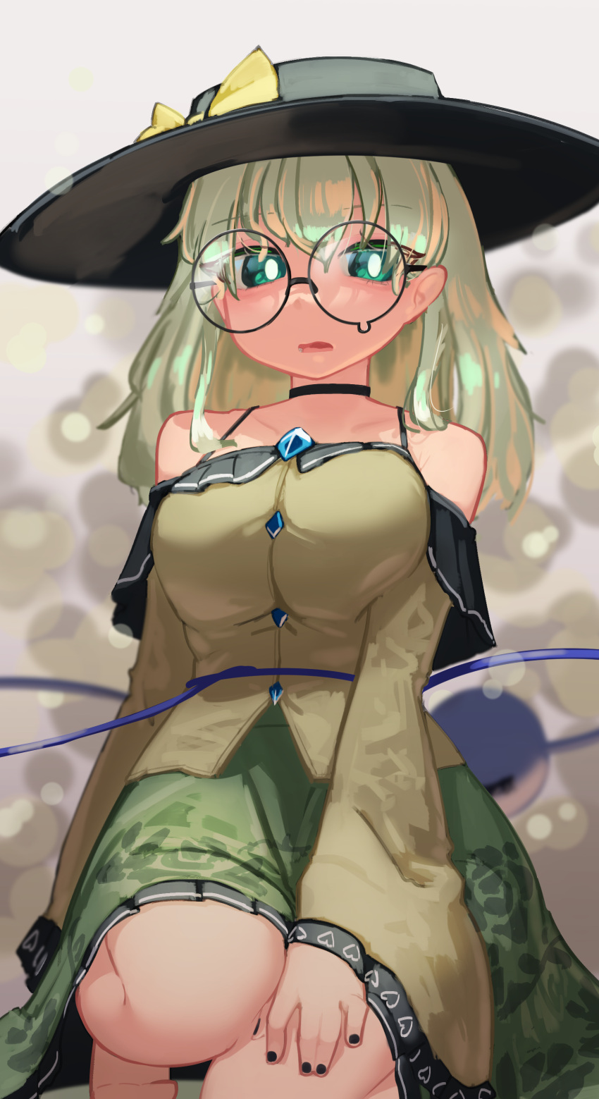 1girl absurdres adapted_costume bare_shoulders bespectacled black-framed_eyewear black_nails blurry blurry_background bokeh breasts bright_pupils choker depth_of_field floral_print foot_out_of_frame glasses green_hair green_skirt grey_background hat highres komeiji_koishi large_breasts long_hair looking_at_viewer nail_polish off-shoulder_shirt off_shoulder round_eyewear round_teeth shirt simple_background skirt solo straight_hair teeth touhou yellow_shirt zakozako_y