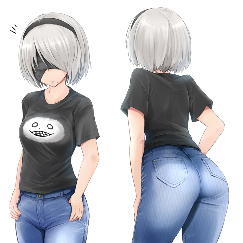 1girl alternate_costume ass black_hairband black_shirt blue_pants casual covered_eyes denim hairband highres jeans kitayama_miuki nier_(series) nier_automata pants pocket shirt short_hair silver_hair simple_background solo t-shirt white_background yorha_no._2_type_b