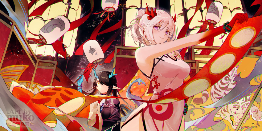 2girls arknights bangs bare_shoulders bead_bracelet beads black_coat black_hair bracelet breasts china_dress chinese_clothes closed_mouth coat colored_skin dragon_girl dragon_horns dress dusk_(arknights) dusk_(everything_is_a_miracle)_(arknights) earrings eyebrows_visible_through_hair fireworks gradient_skin hair_between_eyes hair_over_one_eye highres holding horns jewelry lantern long_hair looking_at_viewer medium_breasts multiple_girls nian_(arknights) nian_(unfettered_freedom)_(arknights) night night_sky official_alternate_costume outstretched_arm paper_lantern pointy_ears red_eyes red_skin short_ponytail sky sleeveless sleeveless_dress smile violet_eyes white_dress zhaitengjingcang