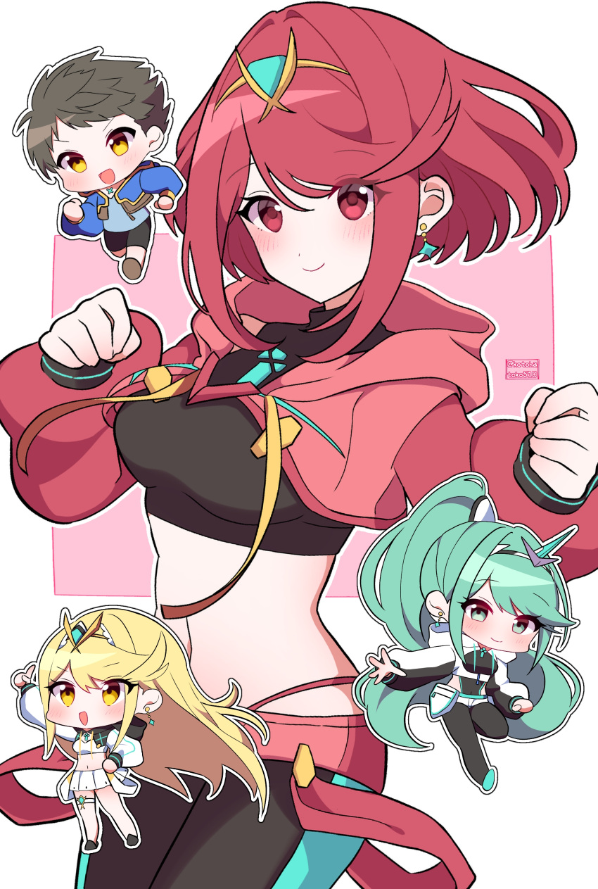 absurdres adapted_costume alternate_costume bangs black_swimsuit breasts chest_jewel competition_swimsuit crop_top headpiece highres kotohatoko510 large_breasts mythra_(xenoblade) navel one-piece_swimsuit pneuma_(xenoblade) pyra_(pro_swimmer)_(xenoblade) pyra_(xenoblade) red_eyes red_swimsuit redhead rex_(xenoblade) ribbed_swimsuit short_hair swept_bangs swimsuit tiara two-tone_swimsuit xenoblade_chronicles_(series) xenoblade_chronicles_2
