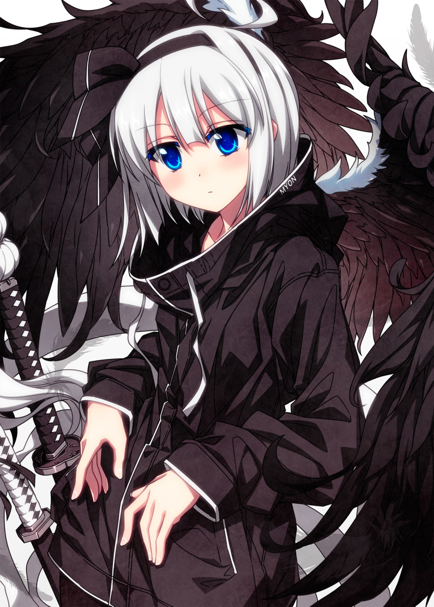 1girl alternate_costume bird_wings black_hairband black_jacket black_ribbon black_wings blue_eyes blush closed_mouth eyebrows_visible_through_hair feathered_wings hair_between_eyes hair_ribbon hairband highres jacket katana konpaku_youmu long_sleeves ribbon sazanami_mio sheath sheathed short_hair silver_hair solo sword touhou upper_body weapon wings