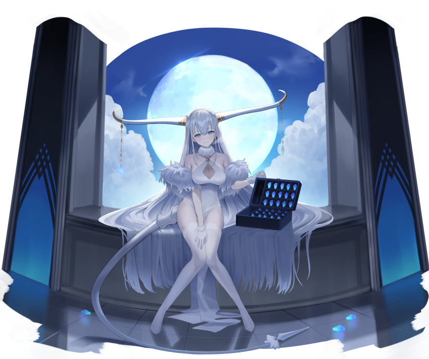 1girl bangs bare_shoulders blue_eyes blush breasts closed_mouth clouds commentary_request eyebrows_visible_through_hair full_body full_moon gloves hand_on_own_thigh highres horn_ornament horns knees_together_feet_apart large_breasts leotard long_hair long_horns looking_at_viewer mamima moon no_shoes original see-through silver_hair sitting sky solo suitcase tail thigh-highs very_long_hair white_gloves white_legwear white_leotard
