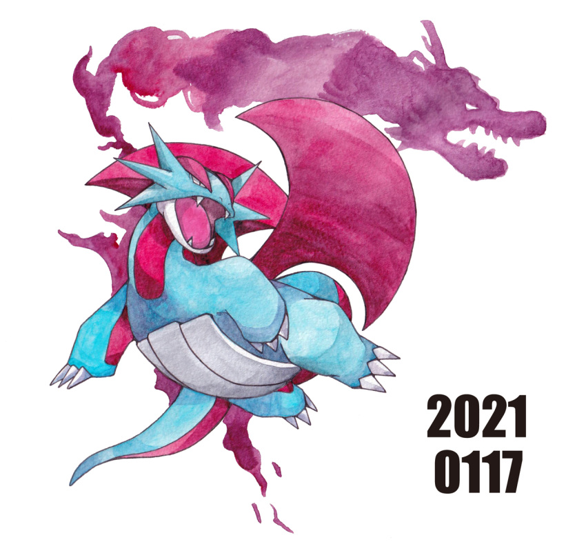 black_eyes claws commentary_request dated fangs flying full_body harinezumi_(hedgehog_25) highres looking_to_the_side one-hour_drawing_challenge open_mouth painting_(medium) pokemon salamence tongue traditional_media watercolor_(medium) white_background