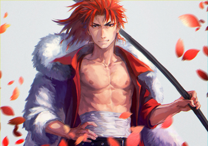 1boy changye fate/extra fate/grand_order fate_(series) fur_coat hand_on_hip holding holding_polearm holding_weapon leaf li_shuwen_(fate) long_hair male_focus manboobs open_clothes open_shirt pectoral_focus pectorals petals polearm ponytail red_eyes redhead sarashi solo weapon