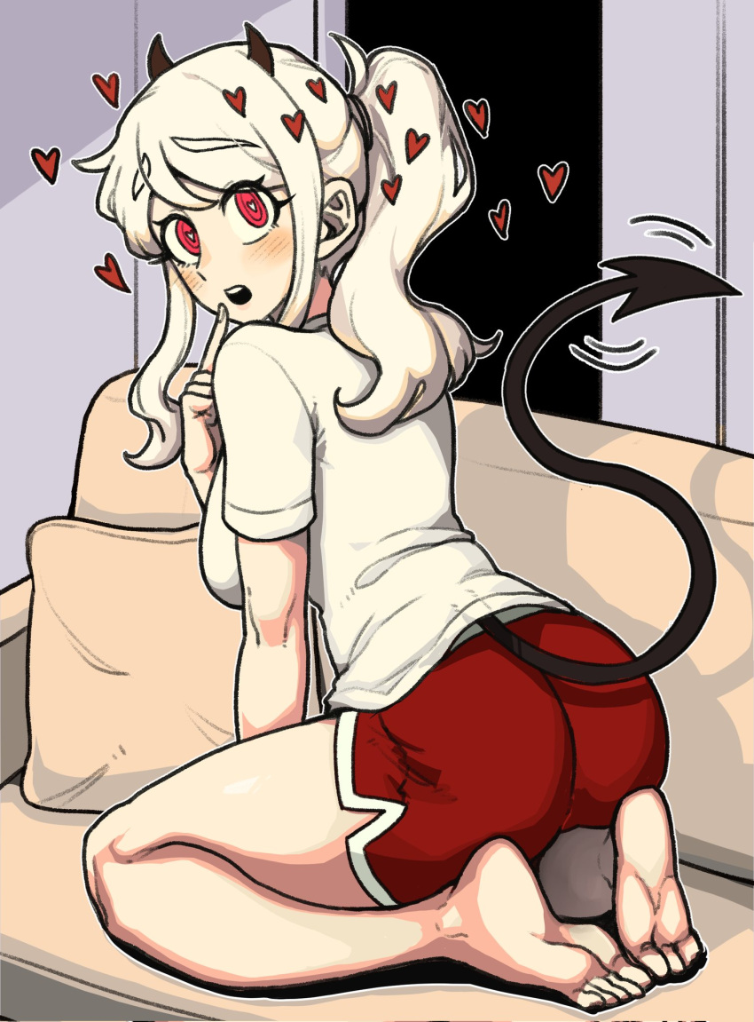 1girl alternate_hairstyle ass bangs barefoot black_horns blush couch demon_girl demon_horns demon_tail dolphin_shorts eyebrows_visible_through_hair facing_away finger_to_mouth full_body heart heart-shaped_pupils helltaker highres horns index_finger_raised indoors long_hair looking_at_viewer looking_back masgamjya modeus_(helltaker) motion_lines on_couch open_mouth pillow ponytail red_eyes red_shorts seiza shirt short_shorts short_sleeves shorts sidelocks sitting soles solo symbol-shaped_pupils tail tail_wagging teeth upper_teeth white_hair white_shirt
