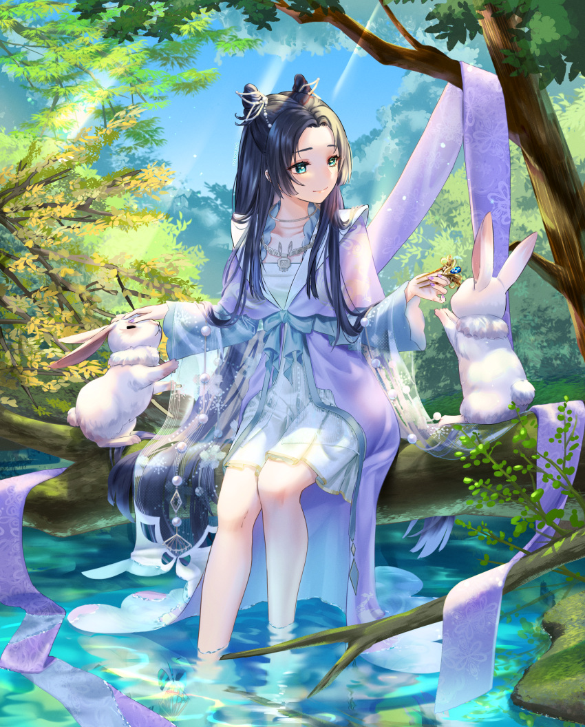 1girl absurdres bangs black_hair blue_eyes blue_ribbon branch chinese_clothes closed_mouth commentary double_bun feet_out_of_frame fingernails forest hagoromo hair_ornament hairpin hanfu highres holding kotosuzu long_hair long_sleeves looking_at_animal nail_polish nature original outdoors parted_bangs petting purple_nails rabbit ribbon shawl sitting smile solo tree very_long_hair water wide_sleeves