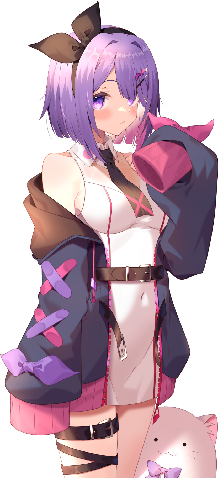 1girl absurdres bare_shoulders belt black_jacket breasts commission covered_navel cowboy_shot dress hair_ornament hair_ribbon hairclip hand_up highres jacket jun_(aousa0328) leg_belt long_sleeves looking_at_viewer medium_breasts necktie off_shoulder open_clothes open_jacket original purple_hair ribbon short_hair skeb_commission sleeveless sleeveless_dress sleeves_past_fingers sleeves_past_wrists solo thigh_strap violet_eyes white_dress