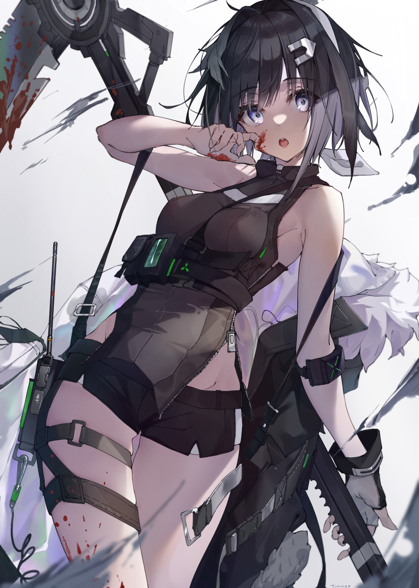 1girl :o absurdres arknights arm_up ass_visible_through_thighs bangs bare_hips bare_shoulders black_coat black_hair black_shorts blood blood_on_face blood_on_hands blood_on_leg blood_on_weapon blue_eyes breasts coat coat_removed cowboy_shot eyebrows_visible_through_hair fingerless_gloves gloves groin hair_intakes hair_ornament hairclip highres la_pluma_(arknights) looking_at_viewer medium_breasts open_mouth scythe short_hair short_shorts shorts single_glove skindentation solo thigh_gap thigh_strap timmoo underbust weapon white_gloves