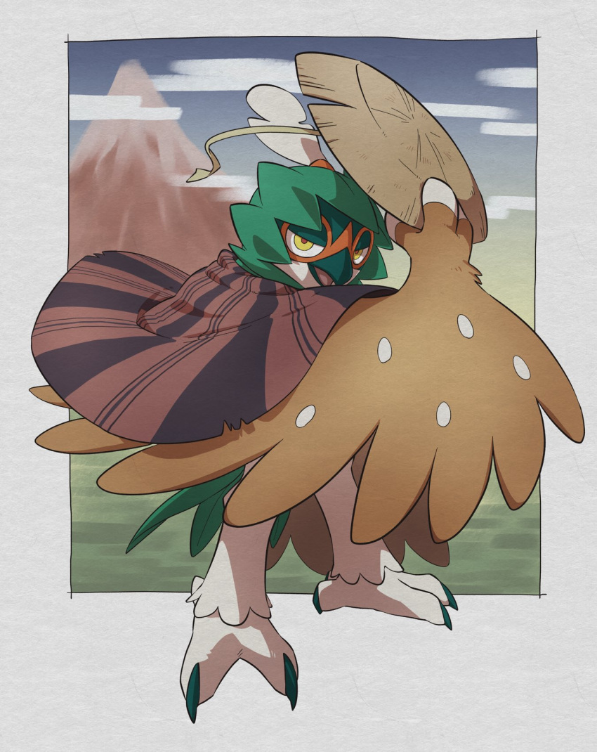 border brown_cape brown_headwear cape commentary decidueye full_body hat highres holding holding_clothes holding_hat open_mouth outside_border pkpokopoko3 pokemon pokemon_(creature) red_pupils solo standing white_border yellow_eyes