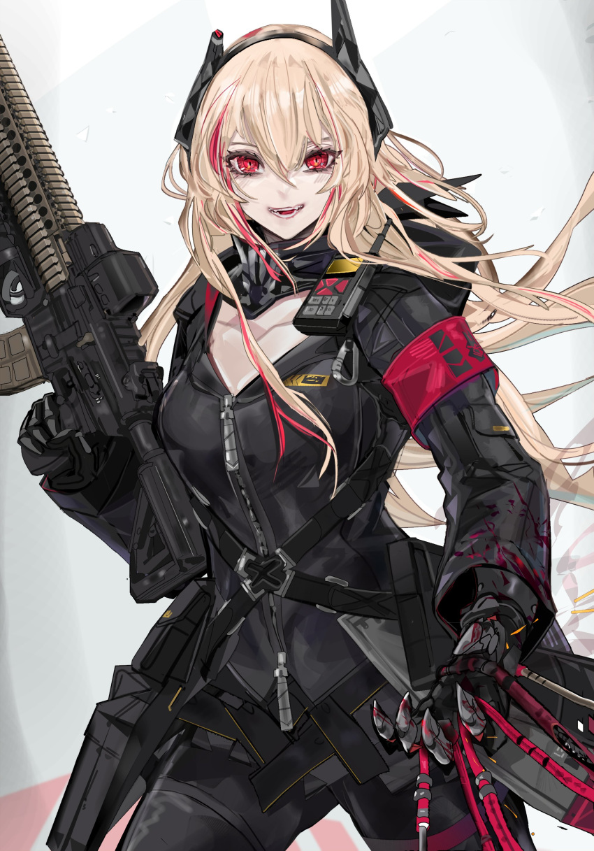 1girl absurdres armband assault_rifle bandana black_gloves black_jacket black_legwear black_scarf blonde_hair blood blood_on_clothes blood_on_hands cable eotech eyebrows girls_frontline gloves gun hair_ornament headgear headphones highres holding holding_gun holding_weapon holster hood hooded_jacket jacket long_hair looking_at_viewer m4_carbine m4_sopmod_ii m4_sopmod_ii_(girls'_frontline) multicolored_hair nslacka open_mouth red_eyes redhead rifle scarf simple_background solo standing streaked_hair thigh-highs track_jacket two-tone_hair walkie-talkie weapon