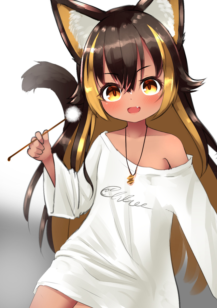 1girl age_difference animal_ear_fluff animal_ears bangs bare_shoulders black_hair blonde_hair cat_ears cat_girl cat_tail character_name child commentary crossed_bangs ear_cleaning eyebrows_behind_hair eyelashes fang gaarya gradient gradient_background hair_between_eyes highres indie_virtual_youtuber long_sleeves looking_at_viewer mimikaki multicolored_hair nekoyo_chloe off_shoulder open_mouth shiny shiny_hair shirt simple_background solo streaked_hair tail two-tone_hair virtual_youtuber white_shirt wide_sleeves yellow_eyes younger