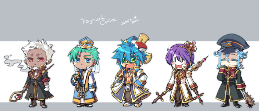 5boys ahoge aqua_hair arch_bishop_(ragnarok_online) asymmetrical_hair bangs beard biretta black_coat black_footwear black_gloves black_headwear blood blood_on_weapon blue-framed_eyewear blue_coat blue_eyes blue_hair blush boots brown_pants chibi choker cigarette closed_mouth club_(weapon) coat commentary_request copyright_name cropped_jacket crosier cross cross_necklace crown dark-skinned_male dark_skin dated dual_wielding earrings eriku_(aoi_tori) expressionless eyebrows_visible_through_hair facial_hair fang fingerless_gloves full_body glasses gloves gold_trim green_eyes hair_between_eyes hat high_priest_(ragnarok_online) holding holding_staff holding_weapon jacket jewelry large_cross layered_clothing long_sleeves looking_at_viewer mace masked multiple_boys necklace official_alternate_costume open_clothes open_coat open_jacket open_mouth pants peaked_cap priest_(ragnarok_online) purple_hair ragnarok_online red_coat red_eyes shoes short_hair signature smile smoking spiked_club staff two-tone_coat two-tone_footwear weapon white_coat white_footwear white_gloves white_hair white_jacket white_pants