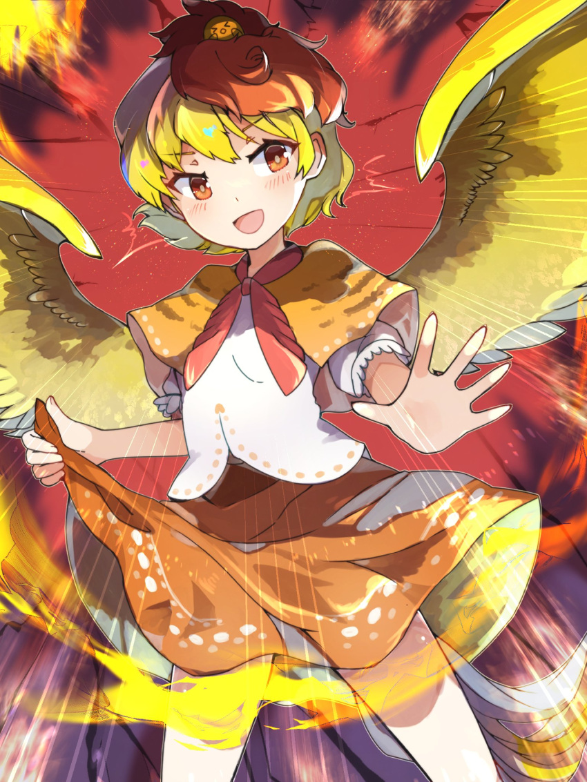 1girl animal_on_head bird bird_on_head bird_tail bird_wings brown_dress chick chicken dress feathered_wings highres multicolored_hair niwatari_kutaka on_head orange_dress ra_mun5239 red_neckwear solo tail tail_feathers touhou two-tone_hair wings yellow_wings