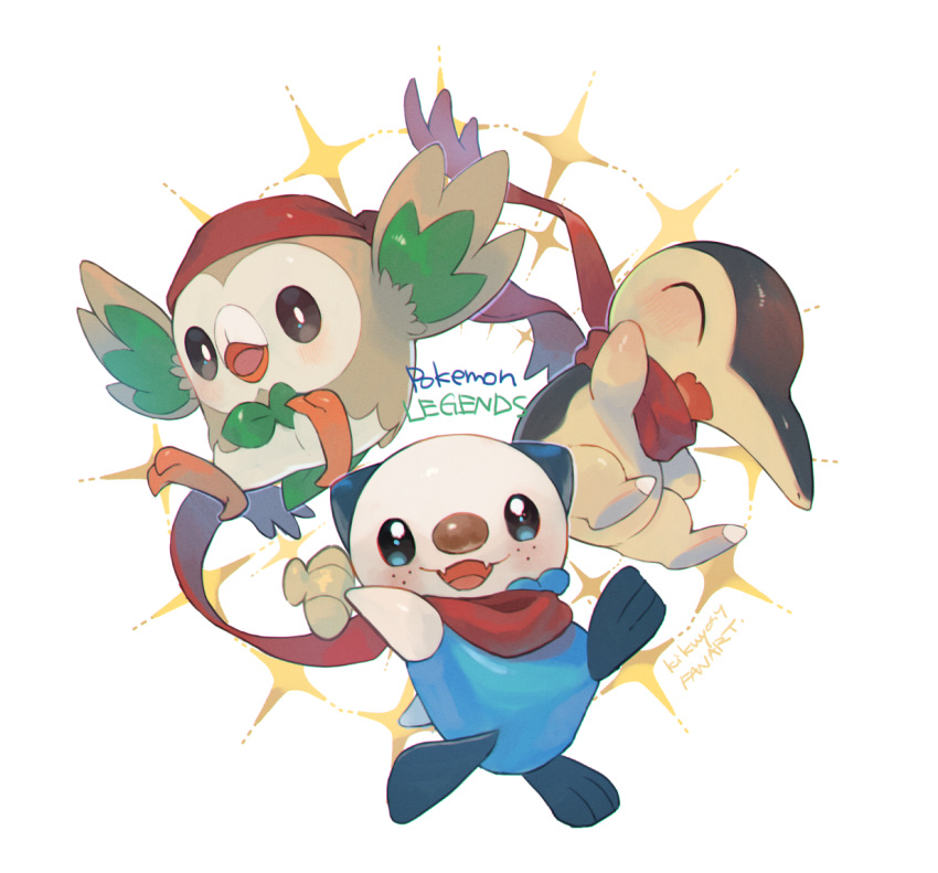 :d blush commentary_request copyright_name cyndaquil fangs kikuyoshi_(tracco) looking_at_viewer no_humans open_mouth oshawott pokemon pokemon_(creature) red_scarf rowlet scarf signature smile starter_pokemon_trio tongue