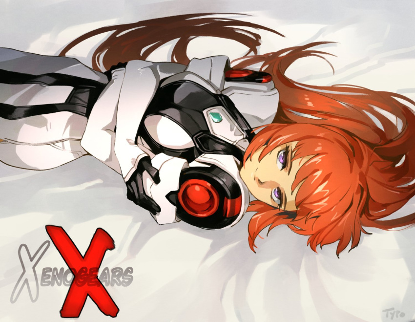 1girl arms_under_breasts black_gloves brown_eyes commentary copyright_name elhaym_van_houten english_commentary gloves hair_spread_out looking_at_viewer lying on_back optionaltypo pilot_suit smile solo violet_eyes xenogears