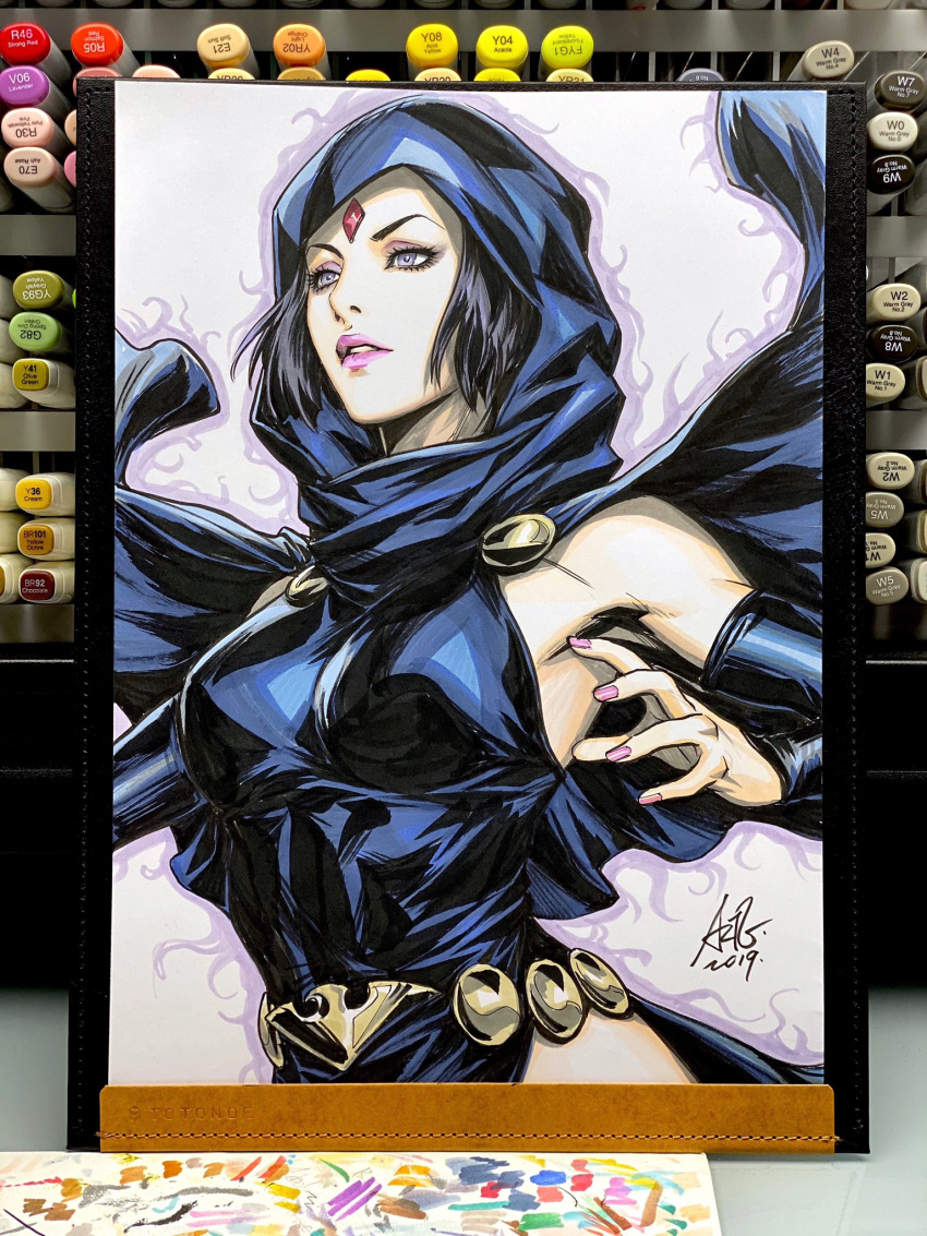 1girl 2019 belt black_hair breasts cloak commentary dc_comics english_commentary forehead_jewel highres hood hood_up hooded_cloak large_breasts lipstick looking_to_the_side makeup marker_(medium) nail_polish panties parted_lips photo_(medium) pink_lips pink_nails raven_(dc) short_hair signature simple_background sleeveless solo stanley_lau teen_titans traditional_media underwear violet_eyes white_background
