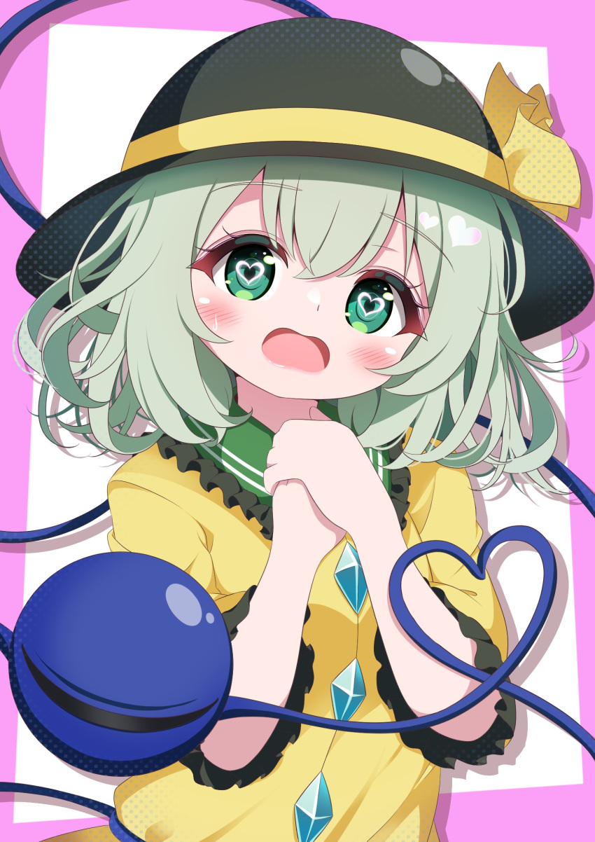 1girl blush frilled_shirt_collar frills g4ku green_eyes green_hair halftone hands_up heart heart-shaped_pupils heart_of_string highres komeiji_koishi loli looking_at_viewer medium_hair open_mouth own_hands_together shirt simple_background sleeves_past_elbows solo symbol-shaped_pupils third_eye touhou upper_body white_background yellow_shirt