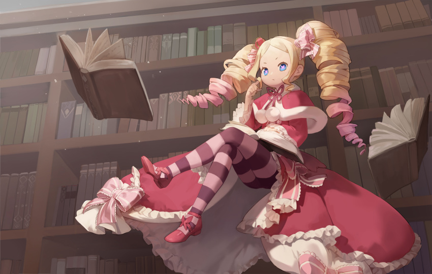 1girl ass bangs beatrice_(re:zero) blonde_hair blue_eyes bombong book bow capelet closed_mouth commentary crossed_legs crown dress drill_hair floating floating_object frilled_dress frills from_below hair_bow hair_ribbon hand_up highres indoors library long_hair long_sleeves looking_at_viewer looking_down mini_crown multicolored_hair neck_ribbon open_book parted_bangs pink_bow pink_hair pink_legwear re:zero_kara_hajimeru_isekai_seikatsu red_capelet red_dress red_ribbon ribbon shoes solo striped striped_legwear symbol-shaped_pupils twin_drills twintails two-tone_hair
