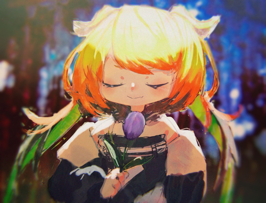 1other bangs bare_shoulders black_dress black_jacket blonde_hair blurry blurry_background chibi closed_eyes closed_mouth depth_of_field dress eyebrows_behind_hair facing_viewer flower green_hair highres holding holding_flower jacket kiduta_cielo long_hair melissa_kinrenka multicolored_hair nijisanji off_shoulder open_clothes open_jacket other_focus purple_flower sketch sleeveless sleeveless_dress solo two-tone_hair two_side_up upper_body very_long_hair virtual_youtuber