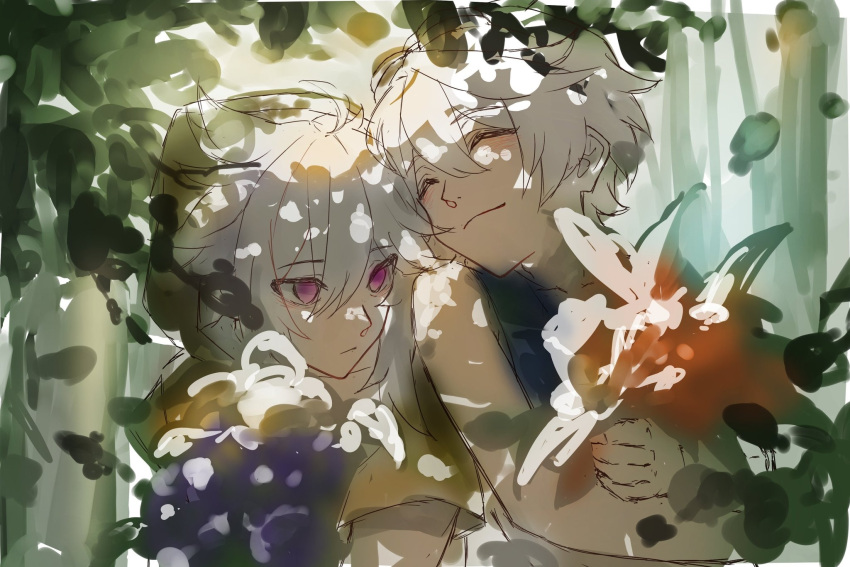 2boys ^_^ bangs bennett_(genshin_impact) blurry closed_eyes closed_mouth commentary_request dappled_sunlight day eyebrows_visible_through_hair genshin_impact goggles goggles_on_head hair_between_eyes highres holding hood leaf male_focus multiple_boys outdoors plant razor_(genshin_impact) shirt sketch smile sunlight tourou_7 upper_body violet_eyes white_hair white_shirt
