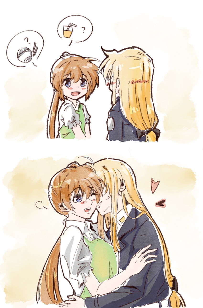 2girls absurdres apron blonde_hair blush brown_hair casual couple fate_testarossa happy heart highres kiss lastfin long_hair looking_at_another lyrical_nanoha mahou_shoujo_lyrical_nanoha_vivid multiple_girls open_mouth side_ponytail simple_background smile takamachi_nanoha tsab_executive_military_uniform violet_eyes wife_and_wife yuri