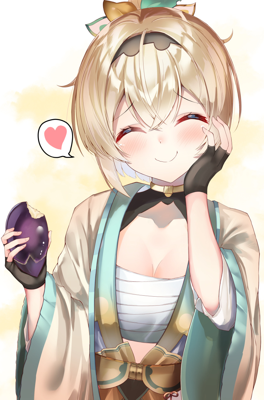 1girl absurdres bangs black_gloves blonde_hair blush breasts chest_sarashi closed_mouth commentary_request eyebrows_visible_through_hair facing_viewer fingerless_gloves food gloves hair_ribbon hand_on_own_cheek hand_on_own_face haori heart highres holding holding_food hololive japanese_clothes kazama_iroha rappi ribbon sarashi short_hair smile solo spoken_heart upper_body virtual_youtuber