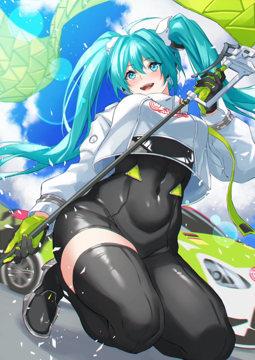 1girl ahoge aqua_hair black_thighhighs bodysuit commentary_request covered_navel crop_top eyebrows_visible_through_hair flag flagpole goodsmile_racing hair_between_eyes hatsune_miku highres holding inue_ao navel open_mouth pole race_vehicle racecar racequeen racing_miku racing_miku_(2022) thigh-highs thighs twintails upper_teeth vocaloid