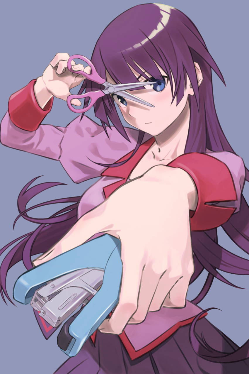 1girl bakemonogatari bangs blue_background blue_eyes blunt_bangs blunt_ends breasts closed_mouth collarbone contrapposto cowboy_shot expressionless eyebrows_visible_through_hair flipped_hair foreshortening hand_up highres holding holding_scissors light_blush long_hair long_sleeves looking_at_viewer medium_breasts monogatari_(series) naoetsu_high_school_uniform pink_shirt pleated_skirt puffy_long_sleeves puffy_sleeves purple_hair purple_skirt school_uniform scissors senjougahara_hitagi shirt sidelocks simple_background skirt solo stapler very_long_hair yy_seven