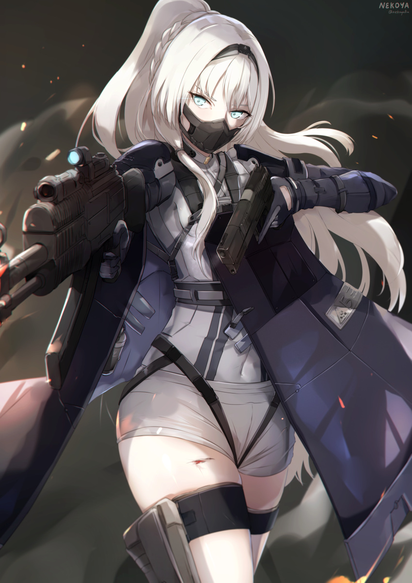 1girl an-94 an-94_(girls'_frontline) artist_name assault_rifle bangs black_gloves blue_eyes blue_jacket braid commentary_request cuts eyebrows_visible_through_hair girls_frontline gloves gun handgun highres holding holding_gun holding_weapon injury jacket long_hair looking_at_viewer mask mod3_(girls'_frontline) mouth_mask nekoya_(liu) object_namesake open_clothes open_jacket pistol ponytail rifle shirt short_shorts shorts signature solo standing trigger_discipline twitter_username very_long_hair weapon white_hair white_shirt white_shorts